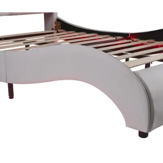 Upholstered Faux Leather Platform Bed with LED Light Bed Frame with Slatted-ModernLuxe image {8}