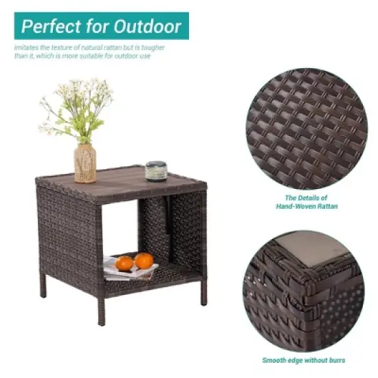 Sonkuki Outdoor Patio Furniture, Square PE Rattan Wicker Side Table with Storage Shelf image {6}