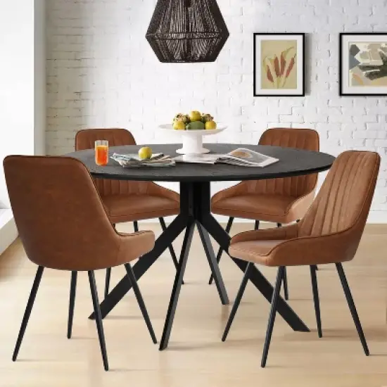 43'' Jones Solid Black Grain Round Dining Table With 4 Upholstered Faux Leather Tiny Armchairs With Metal Legs-The Pop Maison image {8}