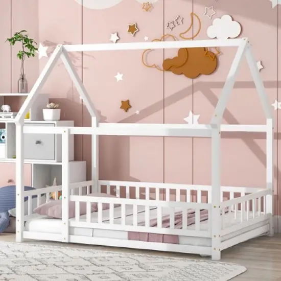 Okak Full Size Bed Frame with House-Style Roof & Fences,Modern Floor Bed for Toddlers/Kids Bedroom image {8}