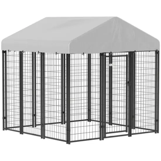 PawHut Outdoor Dog Kennel with Roof, Welded Wire Dog Playpen Enclosure with Escape-proof Lock, UV-Resistant & Waterproof Cover, 6' x 6' x 6', Silver image {6}