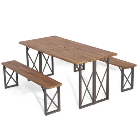 Tangkula 3 Piece Patio Picnic Table Bench Set, Outdoor Camping Table Set w/ Acacia Wood Tabletop & Seat 2&rdquo; Umbrella Hole image {9}