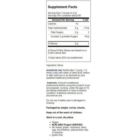 Jarrow Formulas, Inc. Vegan D-Ribose 2 g 7.05 oz Pwdr image {1}