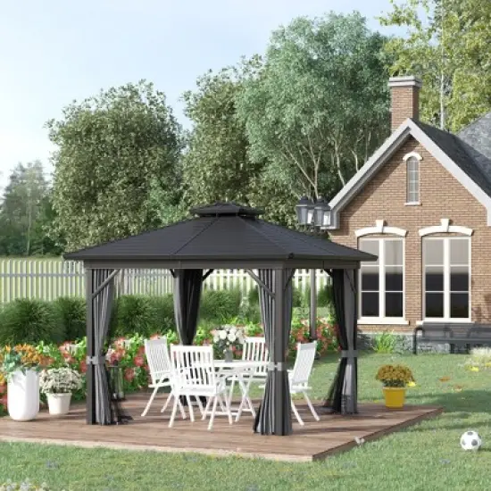 Outsunny 10' x 10' Metal Hardtop Gazebo with Mesh Sidewalls & Curtains, Double Roof Pavilion for Patio, Backyard, Deck, Porch, Gray image {2}