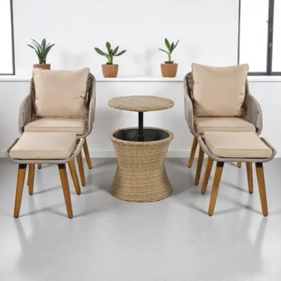 5-Piece Outdoor Patio Furniture Set with PP Rope Weaving Chairs, Pop-Up Cool Bar Table, and Acacia Wood Feet image {10}