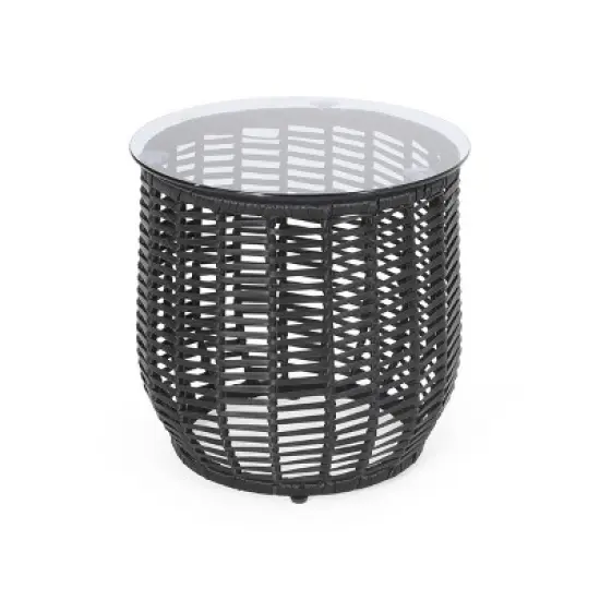 GDFStudio Laguna Outdoor 15.5" Wicker Glass Top Basket Side Table image {3}