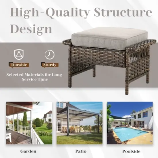 Gymojoy 2 Pieces Outdoor Patio Rattan Ottomans with cushions image {5}