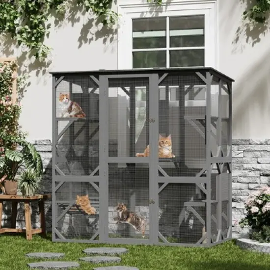 70'' Large Wood Outdoor Cat Enclosure with 4 Jumping Platforms & 2 Napping Houses, Swing Hammock, with Waterproof Roof, Sisal Post, Slide Door image {8}