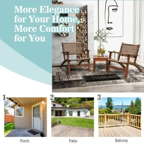 Tangkula 3 Pieces Outdoor Eucalyptus Wood Bistro Set Modern Hand-Woven PE Wicker Conversation Set image {6}