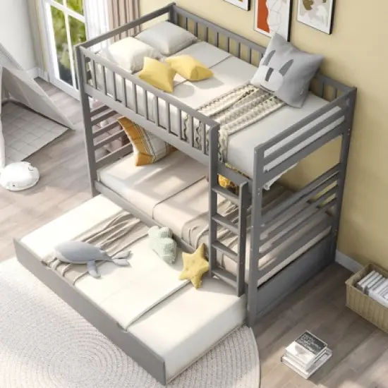Twin Over Twin Wood Bunk Bed with Safety Rail and Movable Trundle-ModernLuxe image {2}