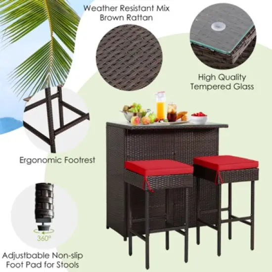 Tangkula 3PCS Patio Wicker Rattan Bar Set Table w/2 Red Cushioned Stools image {6}