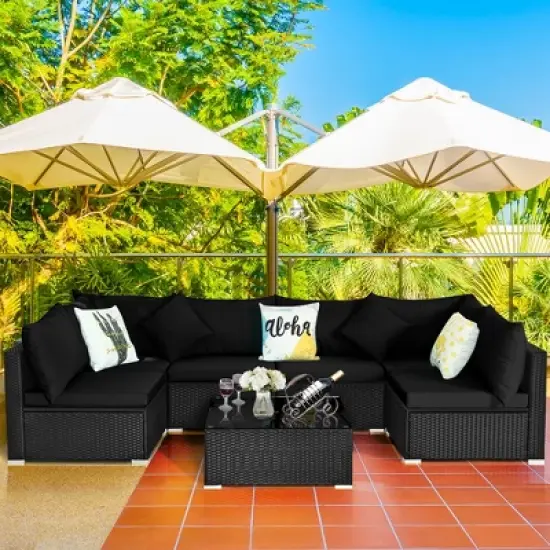 Costway 7PCS Patio Rattan Furniture Set Sectional Sofas Off White & Black Cushion Covers image {1}