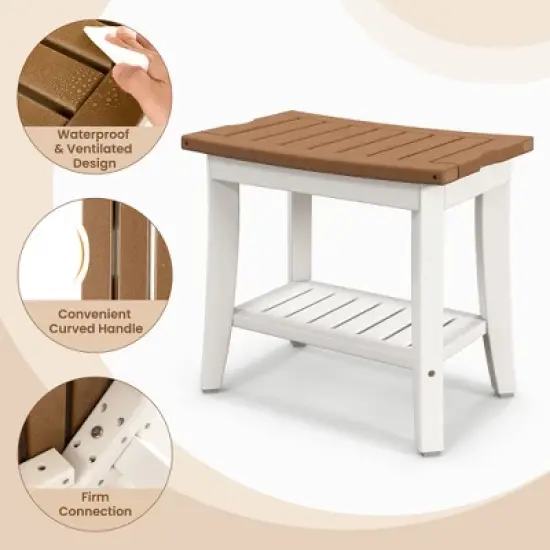 Costway 20'' x 13'' Heavy Duty Waterproof HDPE Shower Bench 2-Tier Bath Spa Stool Off White & Brown image {8}
