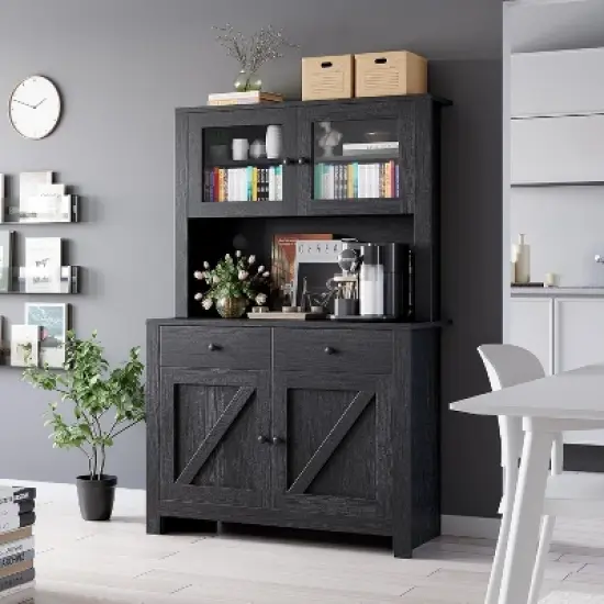 Kitchen Pantry Cabinet with Microwave Stand, Freestanding Hutch Cabinet with Buffet Cupboard,Black image {4}
