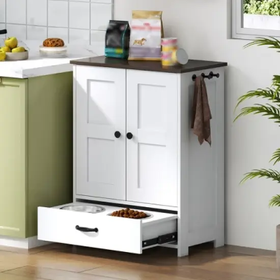 Ridstar Medium Sized Dog Food Storage Cabinet with Hidden Dog Bowls, Adjustable Panel & Hooks-White image {6}