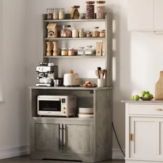 Microwave Stand Cabinet - Farmhouse Bakers Rack with Power Outlet, Thickened Counter, Freestanding Kitchen Rack, Large Storage, Easy Assembly image {7}