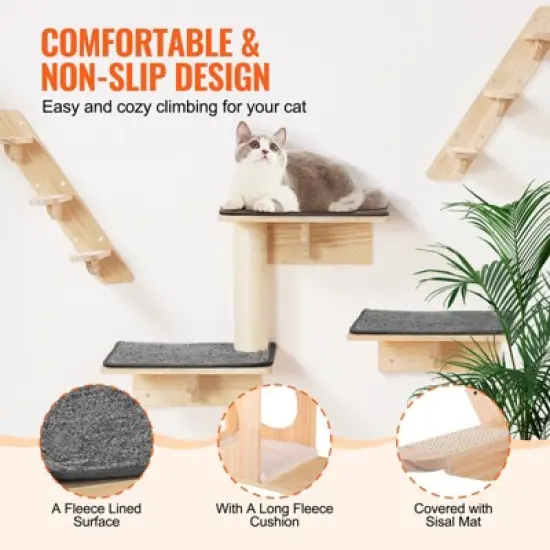VEVOR Wall Mounted Cat Shelves, Cat Wall Shelves and Perches with Jumping Boards, Cat Beds, Hammocks & Cat Tree, Cat Furniture, Brown image {5}