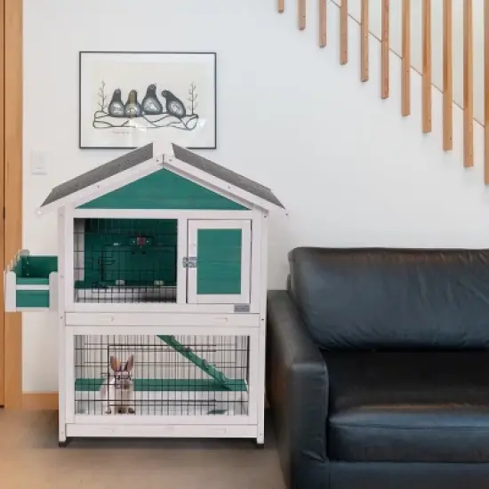 2 Story Wooden Rabbit Hutch,Outdoor Indoor Bunny Cage With Pull Out Tray And Waterproof Roof,Pet Cage For Guinea Pig Hamster-Cuddlewood image {1}