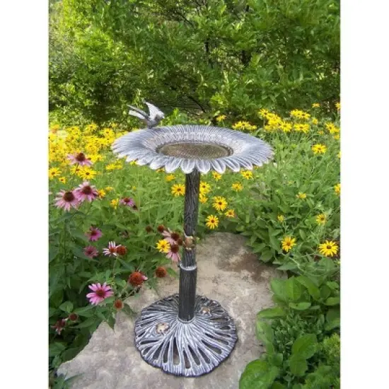 34" Metal Sunflower BirdBath - Antique Pewter - Oakland Living: Freestanding, Weather-Resistant image {1}