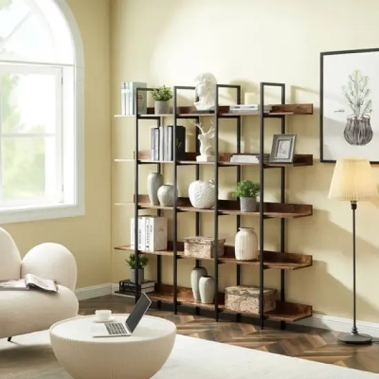 5 Tier Bookshelf Retro Industrial Style Open Storage Display Rack - ModernLuxe image {1}