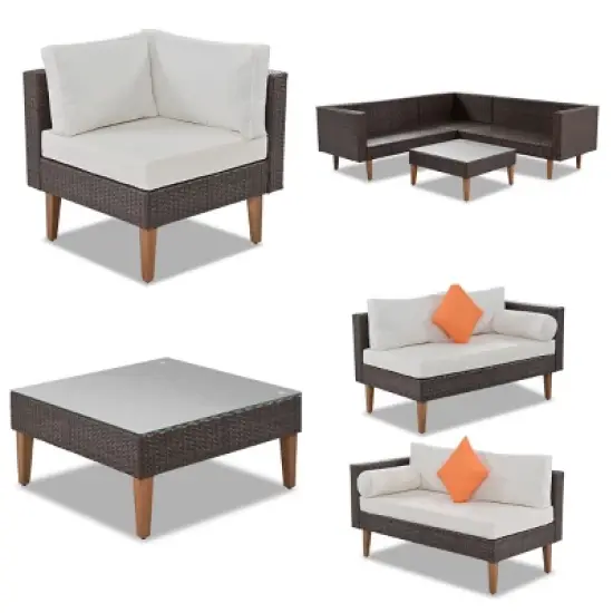 Outdoor 4-Pieces L-Shaped Sofa Set, Wicker Sofa Set with Glass Tabletop Table, Wicker Sofa with Polyester Cushions&ndash;Cuddlewood image {4}