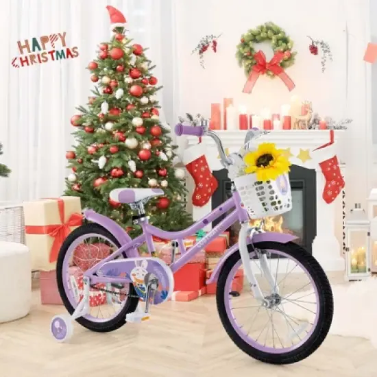 Costway Girl Bike with Basket Detachable Training Wheels Adjustable Seat Handbrake Coaster Brake Purple image {3}