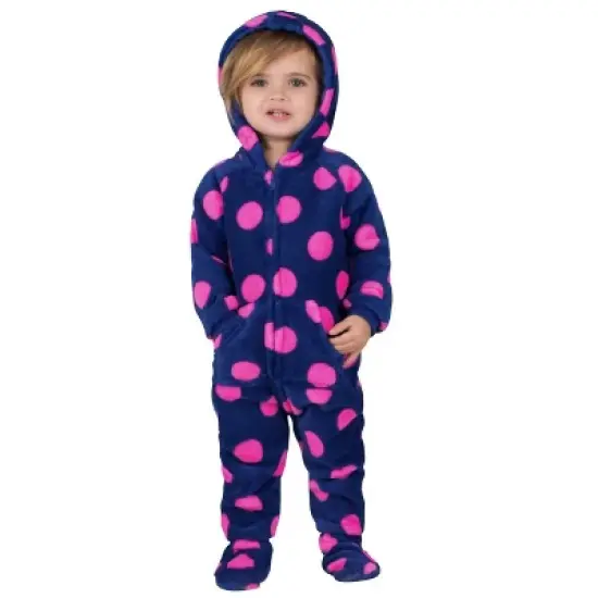 Footed Pajamas - Navy Pink Polka Infant Hoodie Chenille Onesie image {1}