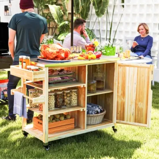 Outsunny Outdoor Grill Cart with Wheels and Storage Cabinet, Solid Wood Outdoor Kitchen Island with Stainless Steel Top, Natural Wood image {2}