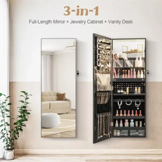Tangkula Wall Mounted Jewelry Cabinet Full-Length Mirror Lockable w/ 3-Color Lights image {2}