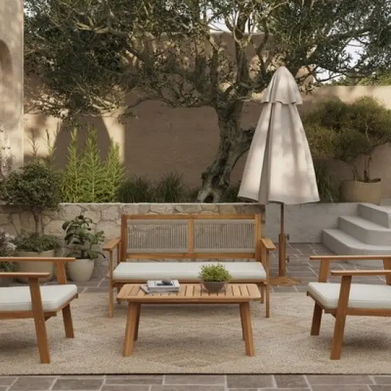 LuxenHome Outdoor Acacia Wood Rope Back Loveseat with Cushions and Coffee Table Set image {3}