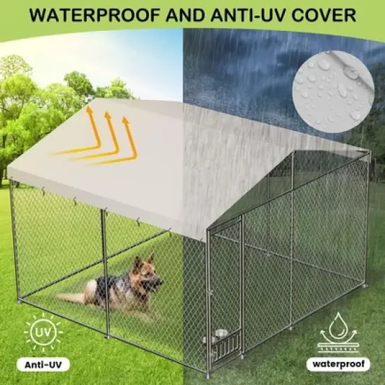 Jojoka Outdoor Dog Kennel, Large Metal Dog House with Feeding Device, Waterproof Cover, Rainproof Roof, Secure Yard Pet Playpen image {3}