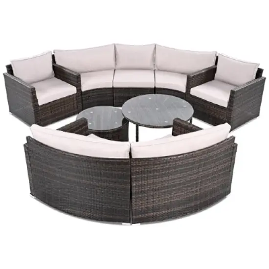 9-Piece Outdoor Patio Wicker Half-Moon Sectional Sofa Set with Nesting Coffee Table and 2 Armchair image {8}