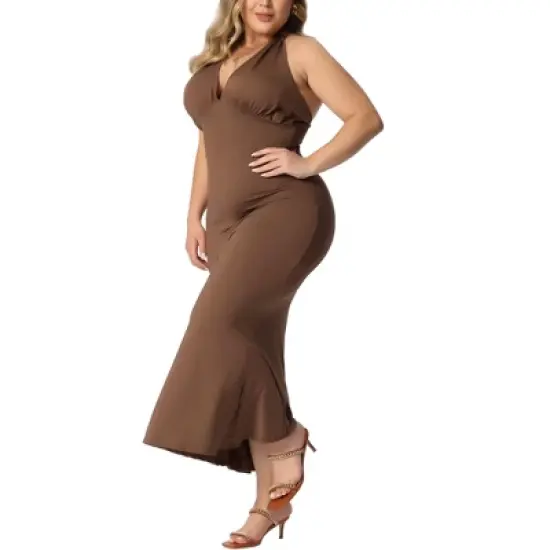 Agnes Orinda Women's Plus Size Sleeveless Deep V Neck Backless Tie Shoulder Bandage Bodycon Dress image {1}