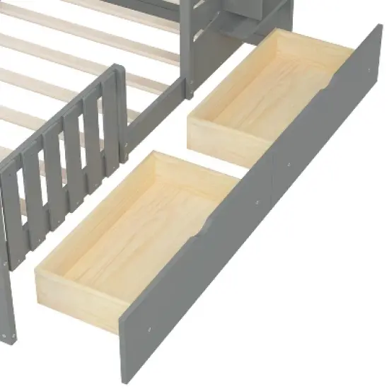 Twin Size Wooden House Platform Bed for Kids, Playhouse Design Bed Frame with Roof & Window, 2 Storage Drawers, White/Gray - ModernLuxe image {11}