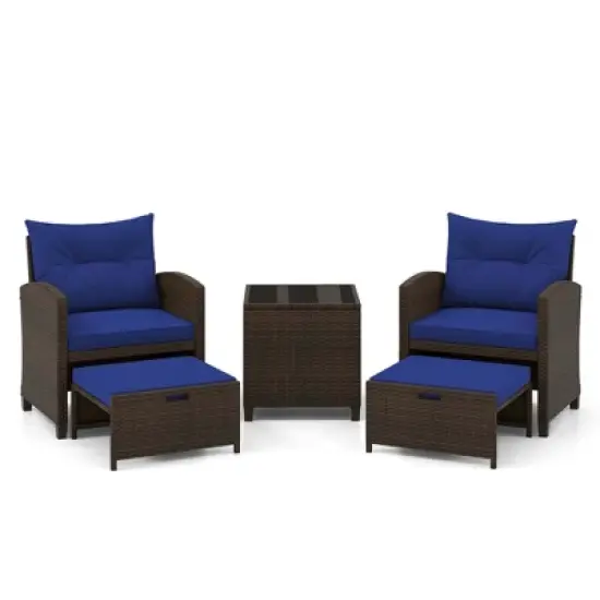 Tangkula 5 CS Rattan Furniture w/ & Tempered Glass & 2 Ottomans Coffee Table Patio image {9}