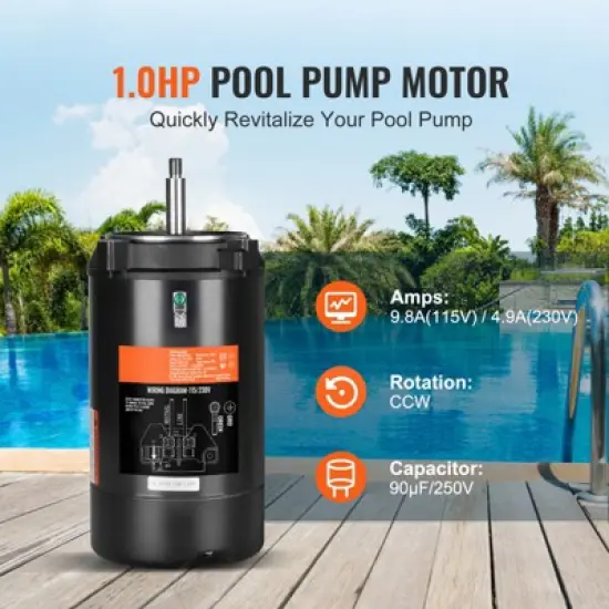 VEVOR 1 HP Pool Pump Motor, 56J Frame, 115V(9.8 Amps)/230V(4.9 Amps) 3450 RPM, 60Hz, 1.4 Service Factor, 90&mu;F/250V Capacitor image {2}