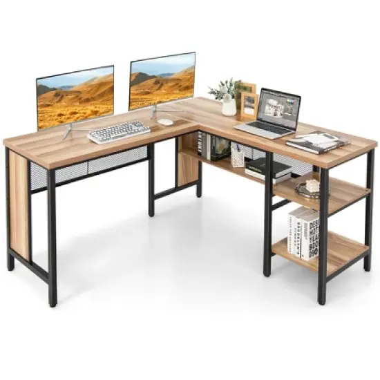 Costway Industrial L-Shaped Corner Computer Desk Office Workstation w/ Storage Shelves image {11}