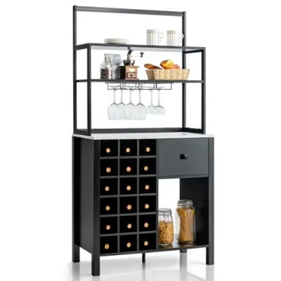 Costway Kitchen Islands Freestanding Wine Rack Table w/ Glass Holder & Drawer Black / Rustic image {9}
