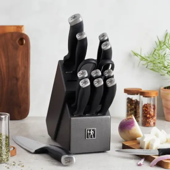 Henckels Silvercap 14 Piece Knife Set with Block, Chef Knife, Paring Knife, Utility Knife, Bread Knife, Steak Knife, Black, Stainless Steel image {1}