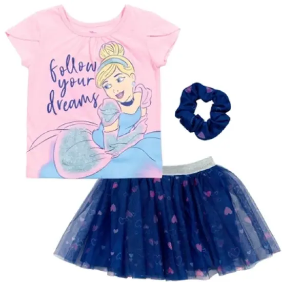 Disney Moana Princess Frozen Rapunzel Jasmine Belle Girls T-Shirt Tulle Skirt and Scrunchie 3 Piece Outfit Set Toddler image {7}