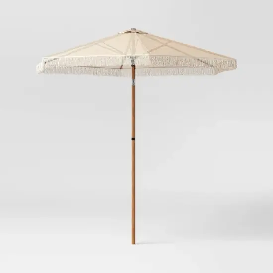 7.5'x7.7' Hexagon Macrame Outdoor Patio Market Umbrella Beige with Faux Wood Pole - Threshold&trade; image {6}