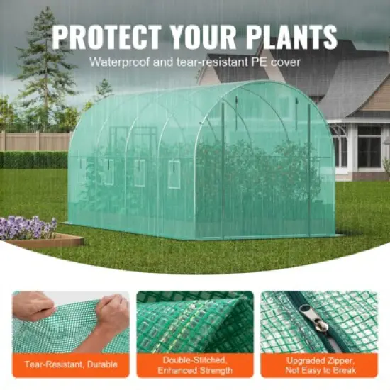 VEVOR Walk-in Tunnel Greenhouse, 14.6x6.4x6.3 ft Hoop House Greenhouse Tunnel with Galvanized Steel Frame, Green PE Cover, Roll-up Zipper Door image {3}