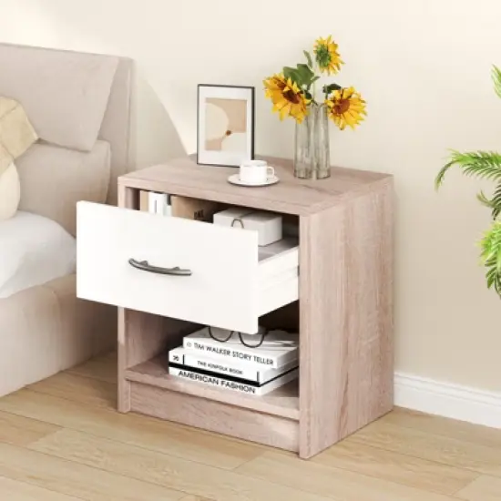 Tangkula 2 PCS Nightstand w/ Drawer Side Table w/ Slide-out Drawer Open Storage Shelf image {2}