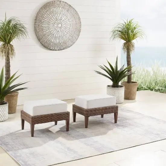 Capella 2pk Outdoor Wicker Ottomans - Cream/Brown - Crosley image {1}