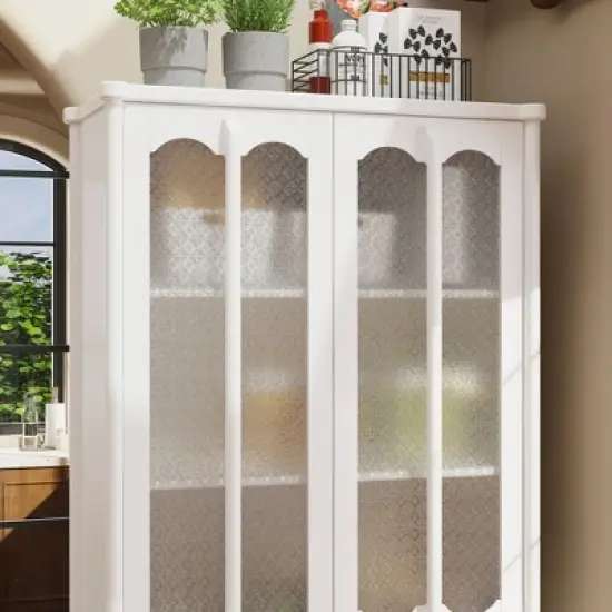 FUFU&GAGA Elegant White, Textured - Glass - Doored Pantry Cabinet with Scalloped Base & Rounded Legs for Kitchen, Dining & Living Spaces image {3}
