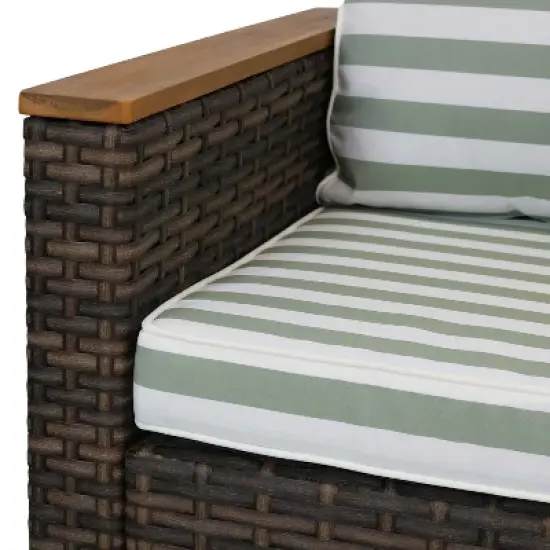 Sunnydaze Outdoor Rattan and Acacia Wood Kenmare Patio Conversation Furniture Set with Loveseat, Chairs, Table, and Seat Cushions - Green Stripe - 4pc image {2}