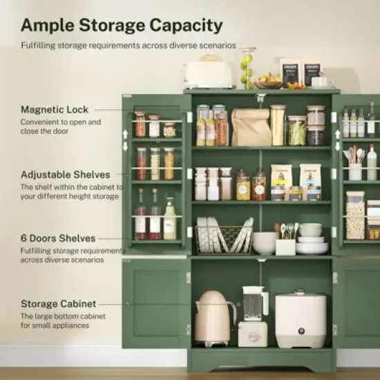 USIKEY Pantry Cabinet, Kitchen Pantry Storage Cabinet with Doors and Adjustable Shelves, Food Pantry for Kitchen, Dining Room, Living Room, White image {2}