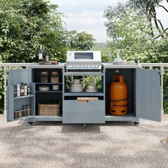 Outdoor Kitchen Island, Solid Wood Outdoor Grill Cart, Grill with Wood Frame and Stainless Steel Top, Grill with Wheels-Coolbibila image {1}
