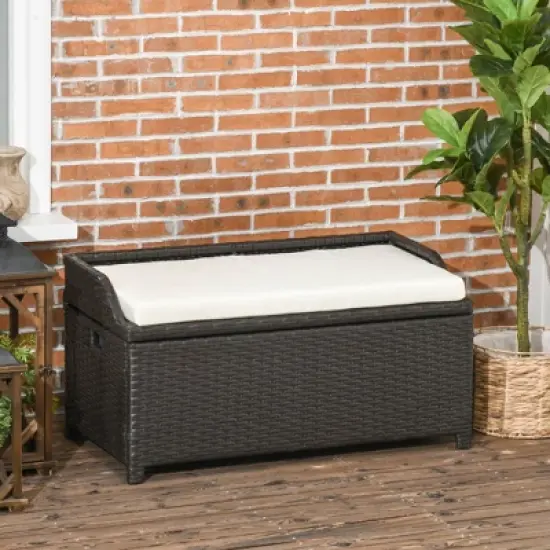 Outsunny Storage Bench Rattan Wicker Garden Deck Box Bin with Interior Waterproof Bag and Comfy Cushion, Cream White image {1}