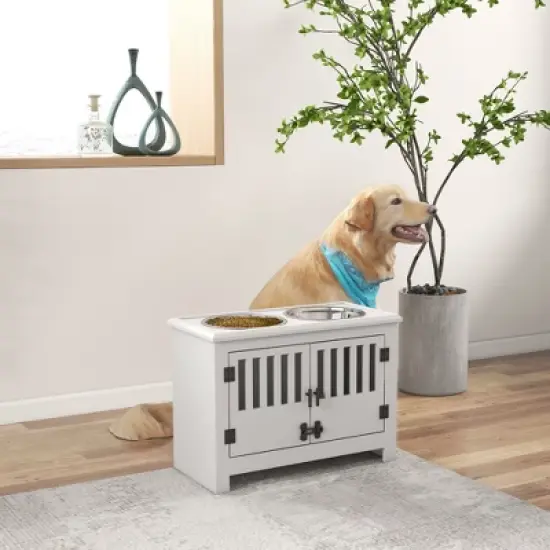 Gulches PawHut Large Elevated Dog Bowls with 37L Storage Cabinet - White image {7}